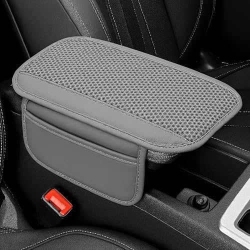 Image of DETACHI Car Center Console Armrest Cover Pad, PU Leather Mesh Armrest Cushion,Universal Fit for SUV /Truck /Car, Console Box Cover With 2 Mobile Pockets, Breathable Mesh Fabric Mat-(Grey, 31X18X2CM)