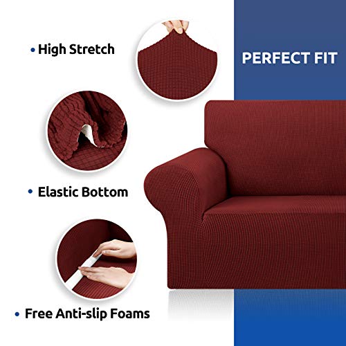 KEKUOU Stretch Sofa Cover Slipcover ,Couch Covers for 3 Cushion Couch Sofa pet Friendly (78"-94") Furniture Protector Sofa with Elastic Bottom for Kids,Dog, Jacquard Small Checked(Large,Dark Red)