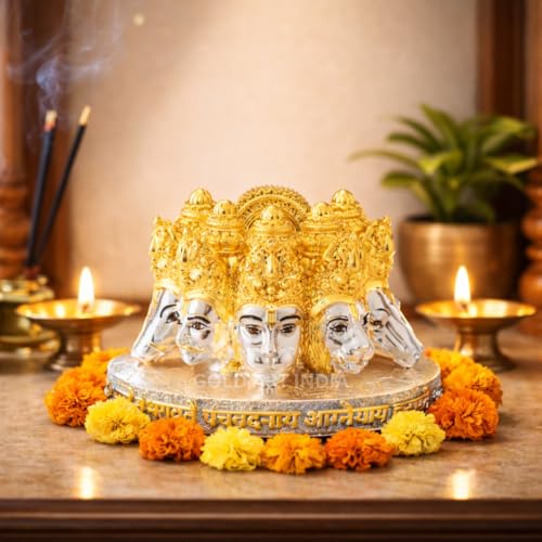 Image of Gold Art India Panchmukhi Hanuman Idol Two Tone Gold Silver Finish Bust Design Decorative Murti for Home Temple, Car Dashboard, Office & Vastu Decor