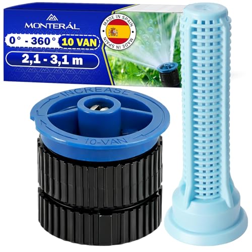 Difusor Tobera 10 VAN para Aspersores de Riego Cesped con Sector de Riego Ajustable de 0° a 360° y un Alcance de Hasta 2,1-3,1 m - MADE IN SPAIN - Garantía de 10 Años - MONTERAL