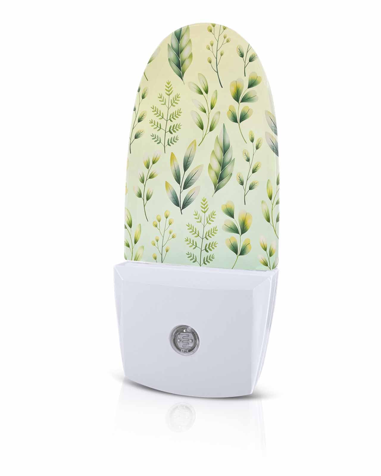 Spring Watercolor Green Leaves Night Light Plug into Wall, Fine Branches Leaf Popsicle Shape Night Light Nightlight with Light Sensors for Kids Bedroom Hallway