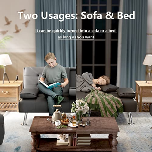 Jummico Futon Sofa Bed Faux Leather Couch Bed Modern Convertible Folding Recliner With 2 Cup Holders For Living Room (Black) #TOP3