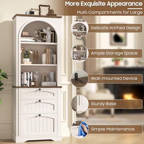 Image of Bookshelf with File Drawers for Letter /A4 /Legal Size Hanging Files, 68 inch Tall Farmhouse Bookcase with 3-Tier Open Shelves, Wood Floor Display Storage Cabinet for Home Office, Living Room, Rustic White