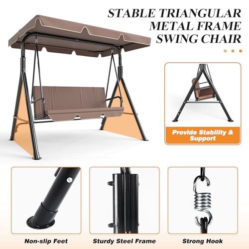 Image of GARTOO 3-Seat Patio Swing Chair, Outdoor Porch Swing with Adjustable Canopy and Durable Steel Frame for Patio, Garden, Poolside(Brown)