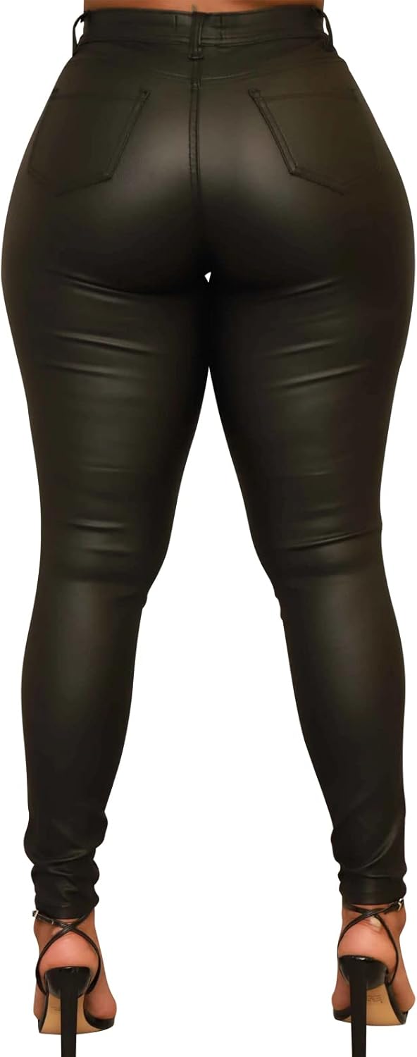 Zebaexf Faux Leather Leggings for Women, Black High Waisted Stretch Leather Pants - Image 2