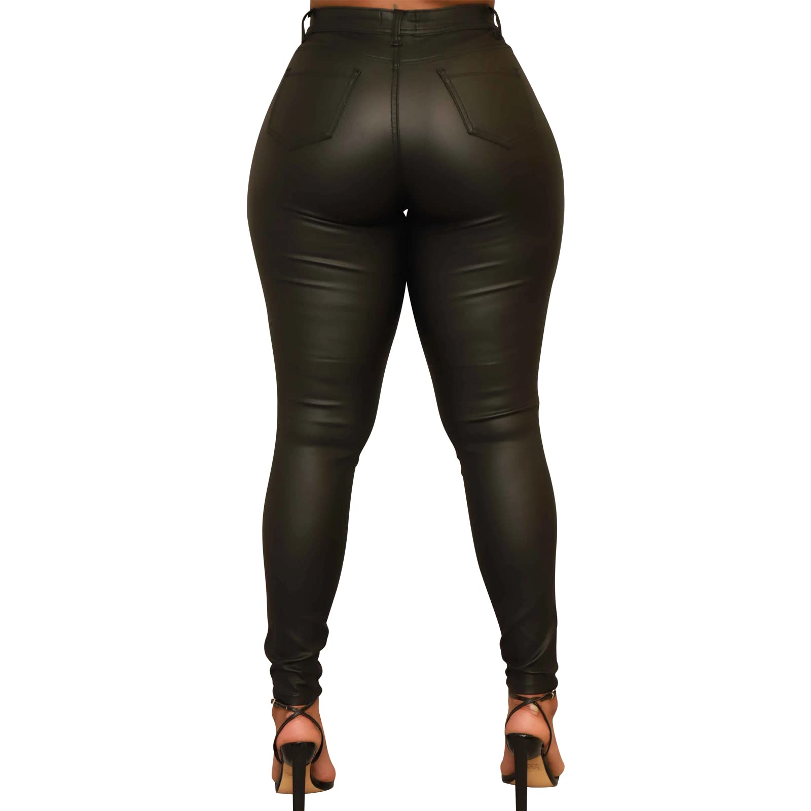 Zebaexf Legging en Cuir synthétique pour Femme, Pantalon en Cuir Extensible Taille Haute Noir, Noir Mat, Taille L