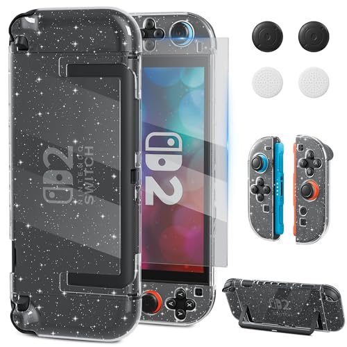 Image of RHOTALL Glitter Protective Case Cover Shell for Nintendo Switch 2(2025),Clear Sparkle Full Dockable Slim Hard Protection Cute Shining Skin Case for Switch 2, Shockproof Screen Protector,4 Thumb Grip