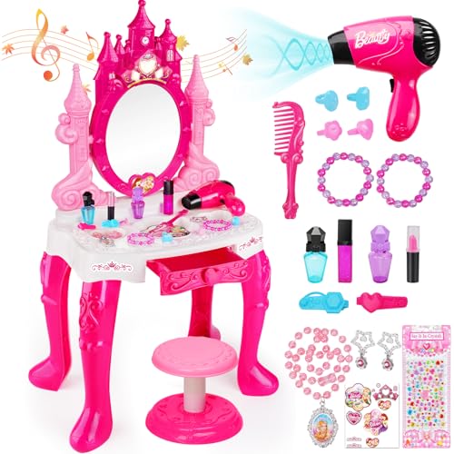 Easface Kids Vanity for Girls Toddler Makeup Vanity Table and Chair Set Set Toys with Music Light Pretend Play Princess Dress Up Playset Gift for Toddler Girls 3 4 5 6 Years Old