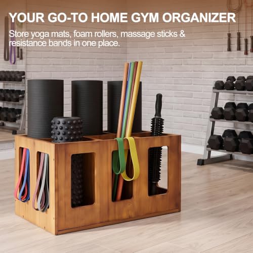 Image of Sintuff Vintage Wood Yoga Mat Holder Storage Organizer Floor Standing Foam Roller Holder Rack for Home Yoga Mats Gym Sports Exercise Accessories Dumbbell Resistance Bands