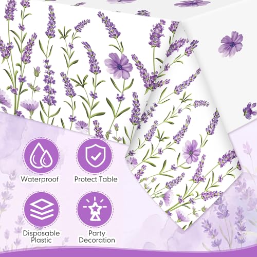 Image of Ganeen 3 Pcs Spring Summer Lavender Plastic Tablecloths Disposable Purple Floral Table Cloths Watercolor Table Cover for Wedding Birthday Baby Shower Garden Tea Party Decorations, 54 x 108 Inch