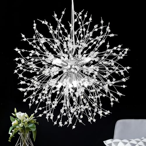 Qamra Modern Crystal Chandeliers, Chrome Firework Dandelion Sputnik Chandelier Light Fixture Pendant Lighting for Living Room, Dining Room, Bedroom, Kitchen(8-Light, Chrome) by Qamra - Used condition - US$37.28