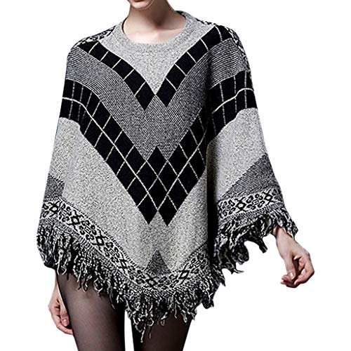 Women Long Sleeve Sweater Cape Cloak Pullover Tops Soft Knit Poncho Shawl Wrap Fringe Tassel Poncho Tunic (One Size, Gray)