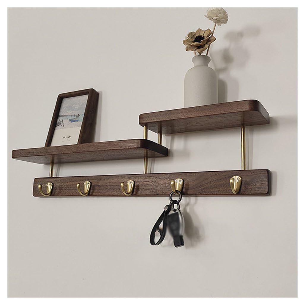Qpkz Brown Walnut Wood Coat Rack Wall Mount With Shelf, Wall Hooks Entryway Hanging Shelves With Brass Hooks For Clothes Hats Towel Purse Robes, Bathroom Mudroom Bedroom 60Cm