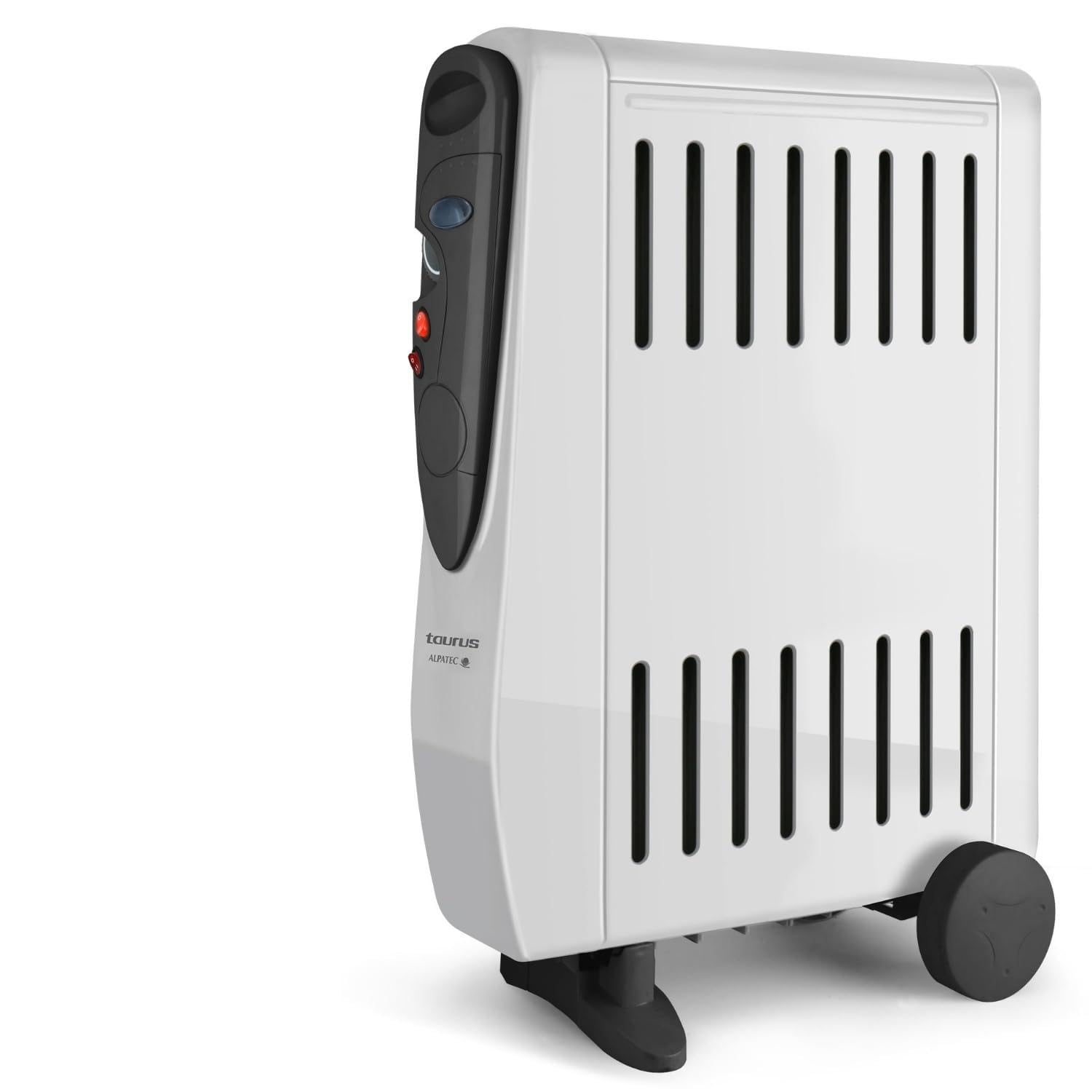 Taurus 2000 - Radiador de aceite. 2000W. 3 niveles de potencia. Doble efecto: radiación y convección. Termostato. Humidificador integrado. Ruedas y asa de transporte. Recogecables. Gris