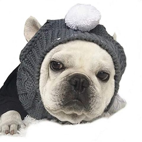 Stock Show Winter Dog Warm Hat Christmas Pet Dog Cute Fashion Woolen Hat with White Pom-pom Ball Pet Headwear Headdress Costume Accessory for Medium Large Dogs French Bulldog, Grey Cover