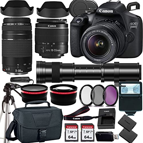 Canon EOS 2000D (Rebel T7) DSLR Camera w EF-S 18-55mm F/3.5-5.6 Zoom Lens EF 75-300mm III Lens+420-800mm HD Telephoto Zoom Lens+case+128Memory Cards (24PC) (Renewed)