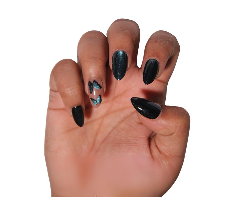 New Era Cat Eye Stick-on Nails - Reusable Press-on Manicure Kit for Women and Girls, Fake Nails with Butterfly Design, Dark Teal, Stiletto Shape-image-34