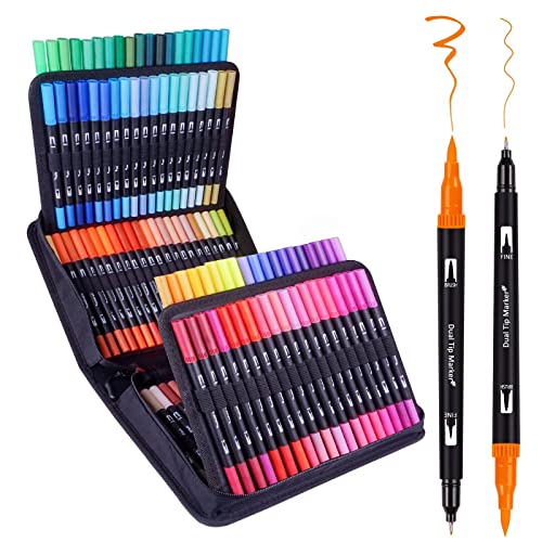デュアルブラシマーカーペン 120色アートマーカーセット 細いペン先とブラシチップ付き 子供 大人用 塗り絵 ブレットジャーナル メモ取り プランナー ハンドレタリング カリグラフィー 描画 アート用品キット