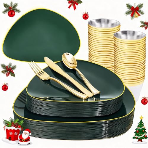 DaYammi 180Pcs Green Plastic Plates, Green Gold Disposable Plates with Gold Silverware Dinnerware Set Include: 30 Dinner Plate,30 Dessert Plate,90 Plastic Cutlery,30 Cups for Christmas Party Holiday DaYammi 180Pcs Green Plastic Plates, Green Gold Disposable Plates with Gold Silverware Dinnerware Set Include: 30 Dinner Plate,30 Dessert Plate,90 Plastic Cutlery,30 Cups for Christmas Party Holiday