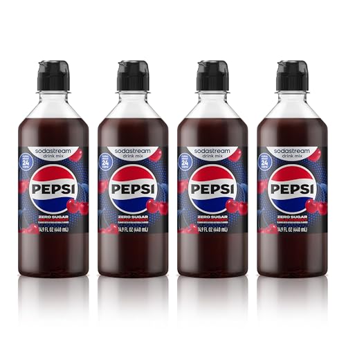 SodaStream Pepsi Wild Cherry Zero Sugar New Pour Bottles Drink Mix (440ml, Pack of 4)