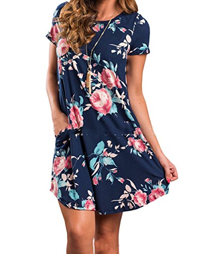 Vestido feminino floral de manga curta com bolsos, casual, solto, camiseta, vestido de verão