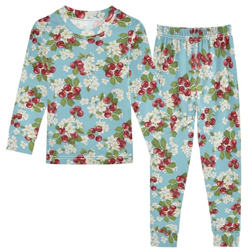 Pajama Sets Long Sleeve Cherry Fruit Floral Pattern Soft Comfy Sleepwear 2 Piece PJS 3-8T