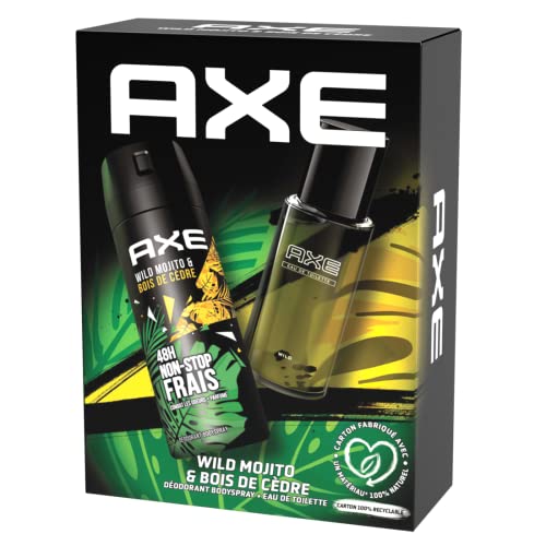 AXE Coffret cadeau Homme Wild avec 2 produits homme, un déodorant bodyspray de 200 ml et une eau de toilette de 100 ml au parfum masculin et frais aux notes de mojito et de bois de cèdre.