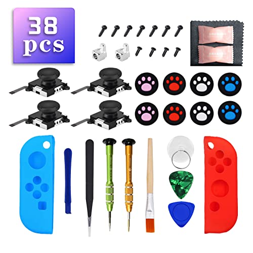 Joycon Joystick Replacement，38 PCS Joycon Repair Kit，4 Pack Joystick Analog Sticks for Nintendo Switch Joy Con Controller NS Repair Tool with Thumbstick Grips & Screws (K1)