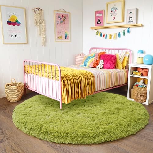 6‘x6’ Grass Green Round Rug for Bedroom, Ultra Soft Fluffy Circle Rug for Kids Girls Boys Room, Cute Shag Rugs for Living Room Playroom Tent Castle Home Decor Rug