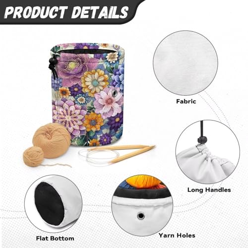 Image of Sellikakes Crochet Organizer Yarn Holder, Bohemian Flowers Portable Knitting Bag Crochet Storage Bag Store Crocheting Supplies Needles Skein Balls Sewing Accessories