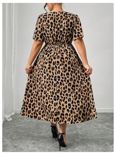 Floerns Women's Plus Size Cheetah Midi Dress Twist Front V Neck Short Sleeve A Line Dresses3