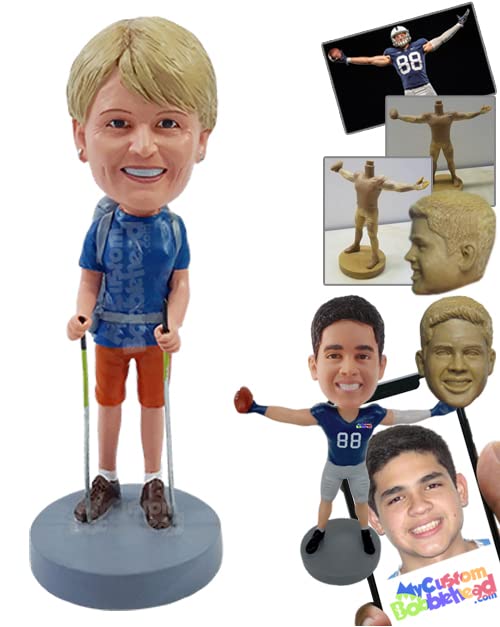 Custom Bobblehead Female Hiker Wearing a Tshirt and Shorts and a Bag on The Back Ready to go up The