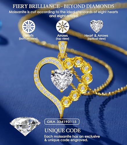 Beam & Bask 2-3 Carat Moissanite Rose Flower Heart Necklace for Her, Sterling Silver Plated with 18K Gold, Birthday, Wedding, Anniversary Pendant Jewelry for Girlfriend, Wife, Bride, Soulmate - Image 6