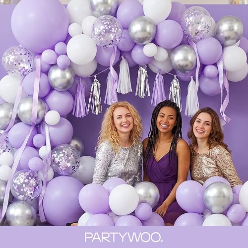 Image of PartyWoo Lavender Balloons 155pcs Different Sizes Pack of 18 12 10 5 Inch Light Pastel Purple Lilac Balloon Arch Kit for Baby Shower Bachelorette Fairy Birthday Princess Party Decorations Purple-Q10