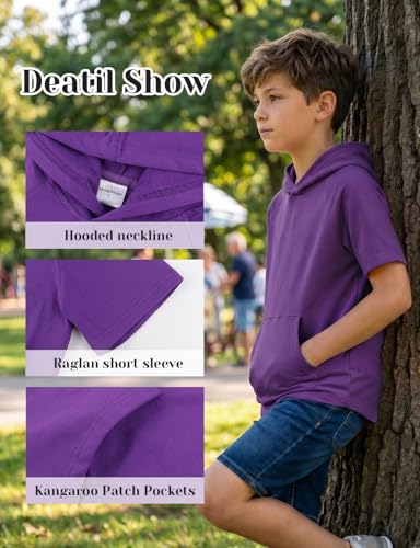 Image of Spring&Gege Boys Light Weight Short Sleeve Hoodie Casual Solid Pullover Hooded T-shirt with Pocket