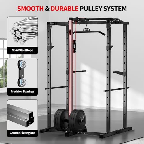 Image of JEEKEE Power Rack with LAT Pulldown, 2000LBS Power Cage with Cable System, Multi-Function Squat Rack with J-Hooks, Safety Bars, Landmine, Pull Up Bar & Attachments for Home Gym Strength Training,Black