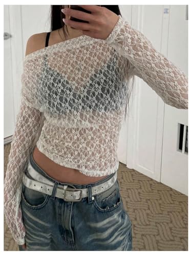 Milumia Women's Lace Sheer Mesh One Off The Shoulder Long Sleeve Crop Top Rave Y2k Sexy Shirt See Through Top3