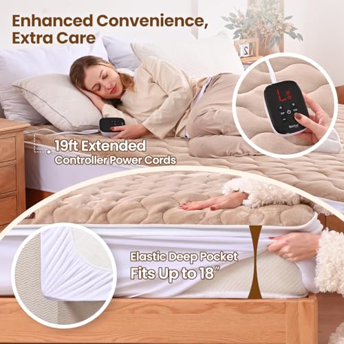 Image of Bearhug Heated Mattress Pad Queen Size 60 inchx80 inch with Zippered Detachable Cover, Dual Control Electric Bed Warmer Machine Washable with 10 Heat Settings & 12H Auto Off Winter Essentials