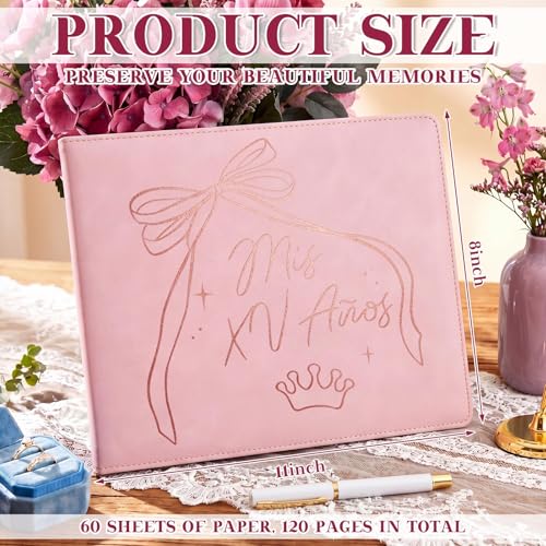 Image of MotiMind Quinceanera Guest Book with Pen 11 x 8 Inch Libro De Firmas Para 15 Anos Quinceanera Leather Hardcover Signature Guest Sign in Book for 15th Party Favors Decoration(Light Brown,Bow)