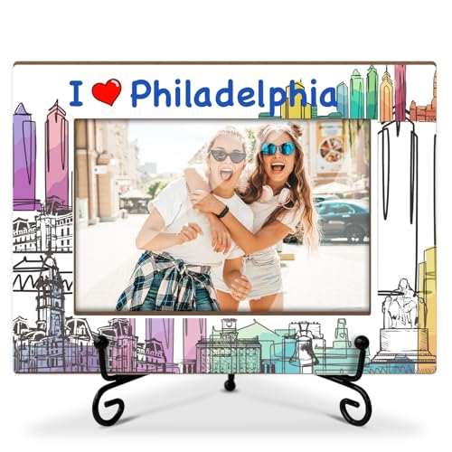 DOIUCRO Philadelphia Picture Frame - 4x6 Philadelphia Themed Wooden Frame with Stand, Gifts for Family Vacation Honeymoon Wedding, Home Office Desk Holiday Decorations - 14