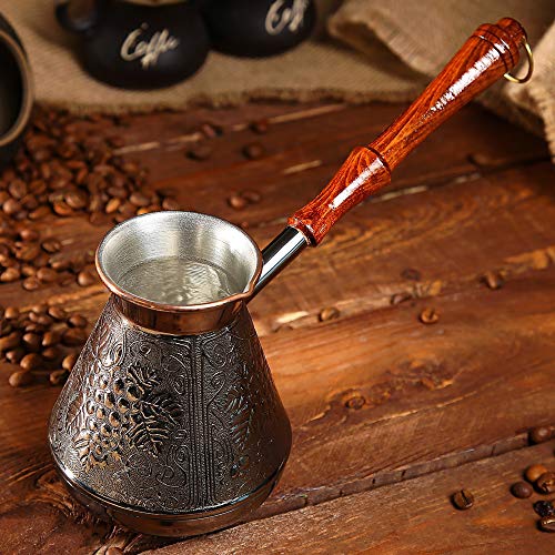 AEVVV Copper Turka - Cafetera turca de cobre de 17 onzas, 500 ml, adorno de uvas grabado Ibrik, mini cacerola con boquilla y mango de madera