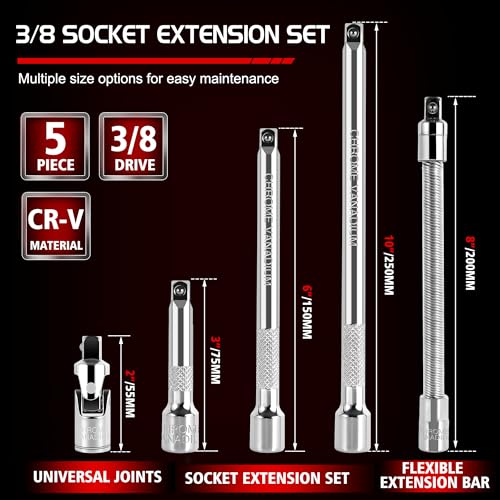 GURADESIGN 5-Piece 3/8 Inch Drive Extension Bar Set, Includes 3, 6, and 10 Inch Extensions, 3/8 Inch Drive Universal Joint Socket and Flexible Socket Extension Bar by GURADESIGN - Used condition - Image 2