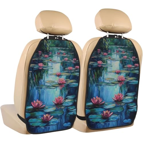 Water Lilies Flower Car Seat Back Kick Protectors,2 Pack Kick Mats With Storage Pockets For Vehicles To Protect From Dirt Mud Scratches