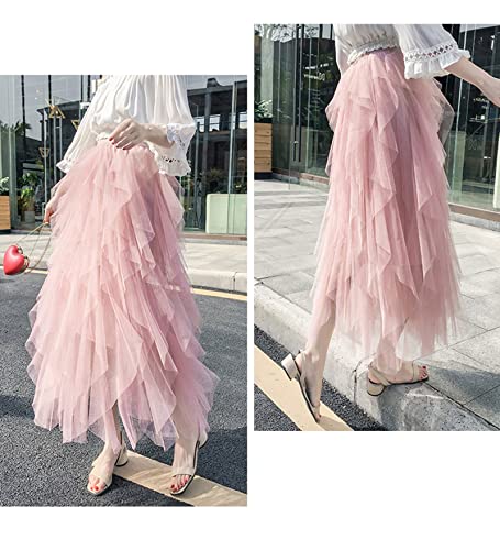 Easyoyo Saia feminina de tule cor sólida elástica cintura alta saia de malha evasê midi, Rosa 2, Tam