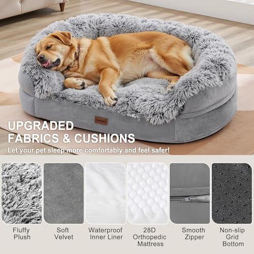 Gimars 9,5 cm Dickes L Orthopädisches Hundebett für Sehr Grosse Hunde, Stützendes Hundesofa mit 28D Eierkarton-Schaum, Abnehmbarer Waschbar Plüschbezug, wasserdichte Innenhülle, Halbrund