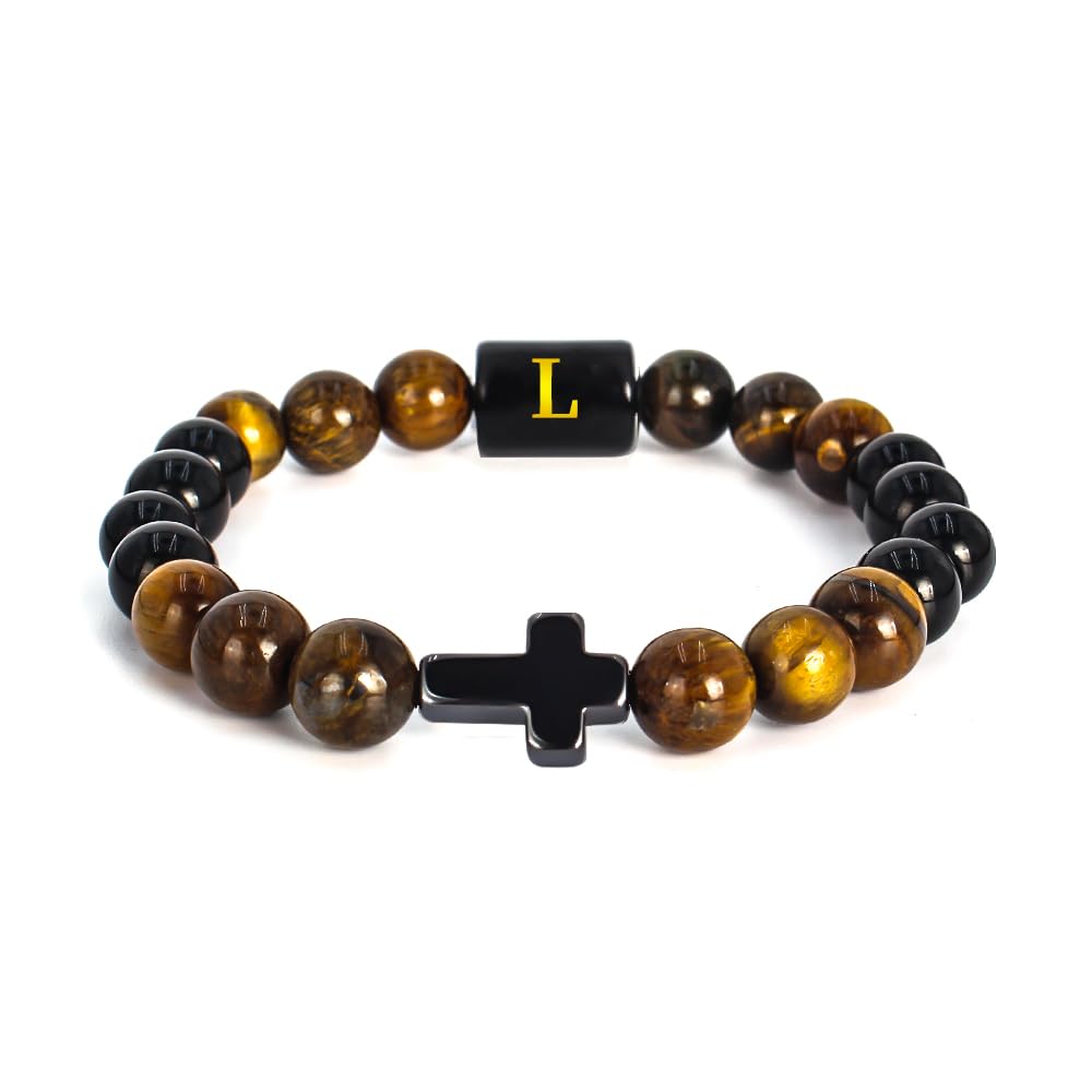 SOOWOOT Cross Bracelet for Men, Initial Bracelet for Men, initail A-Z design, Christian Gifts, Natural Tigers Eye Stone Beads, Easter Gifts