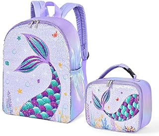 WERNNSAI Mermaid Kids Backpack Set - 15Mermaid Sequins School Backpack with Lunch Bag for Girls Preschool Kindergarten Elementary Hiking Travel Laptop Lightweight Book Bag Insulated Lunch Tote Bag