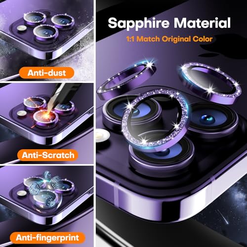 Wumigoo for iPhone 14 Pro/14 Pro Max Camera Lens Protector, Tempered Glass Screen Protector Metal Individual Camera Cover Accessories [Anti-drop] Case Friendly- Glitter Deep Purple by Wumigoo - Image 3