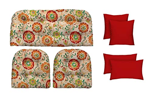 RSH Décor Indoor Outdoor 7 Piece Tufted Wicker Cushion Set + Pillows, (Standard, Fanfare Sonoma Cream Floral + Red)