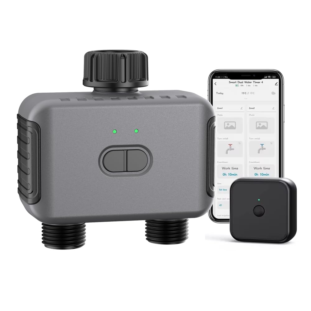 Haozee Minuteur d'eau intelligent WiFi - 2 zones - Minuterie d'arrosage WiFi - Minuteur intelligent pour l'eau - Système d'arrosage automatique de jardin